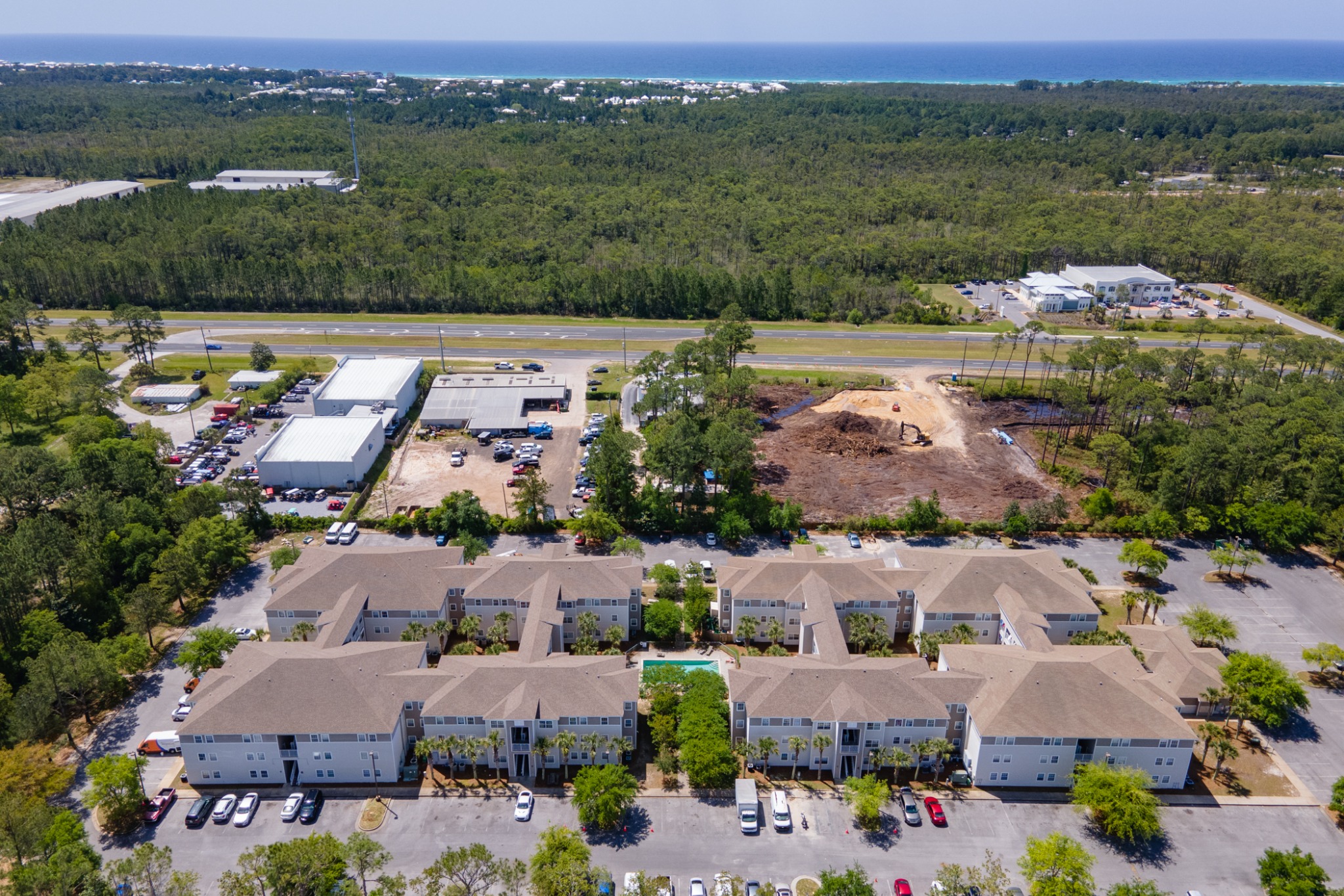 Wide aerial view of Hunters Bay and surrounding area